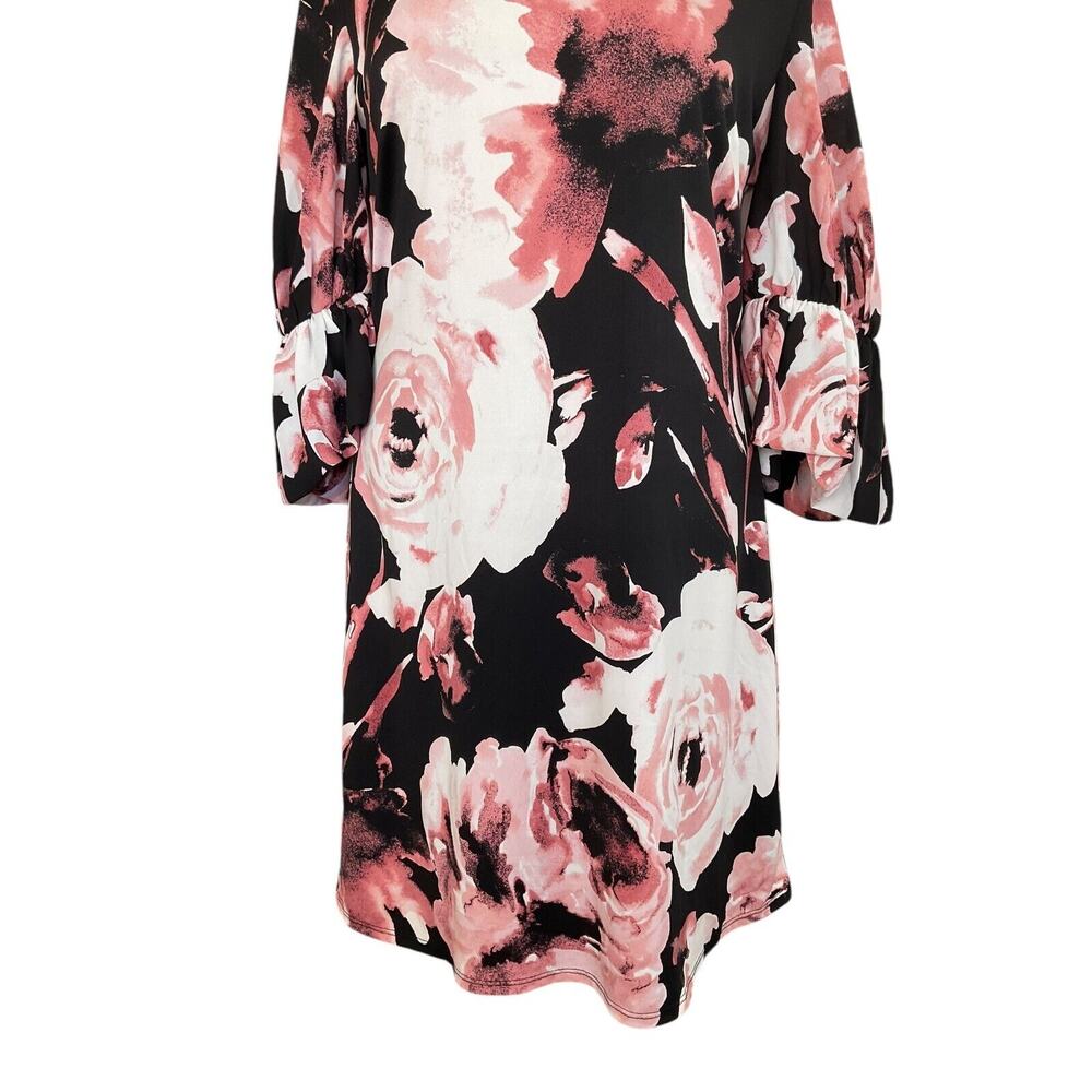 Cato L Black Pink Floral Puff Sleeve Dress Polyester Spandex Keyhole Back - Picture 11 of 13